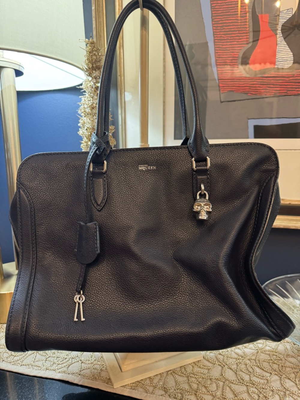 Alexander McQueen Navy Leather Skull Charm Tote.